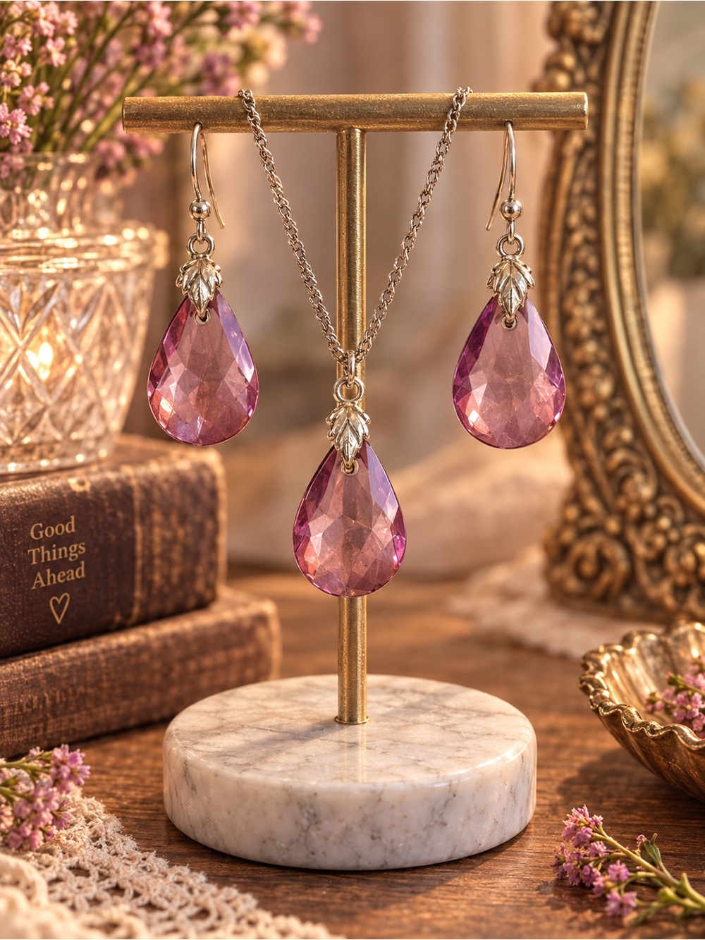 Amethyst Tear Drop Crystal Necklace & Earring Set - Women Jewelry